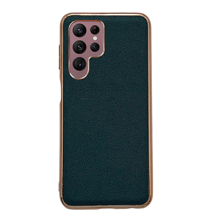 For Samsung Galaxy S22 Ultra 5G Genuine Leather Luolai Series Nano Electroplating Phone Case(Dark Green) Eurekaonline