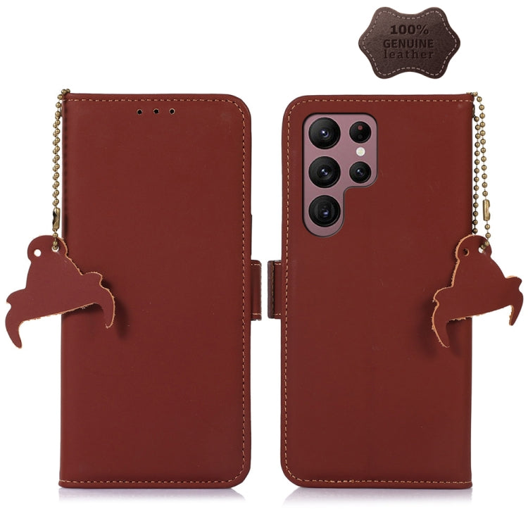 For Samsung Galaxy S22 Ultra 5G Genuine Leather Magnetic RFID Leather Phone Case(Coffee) Eurekaonline