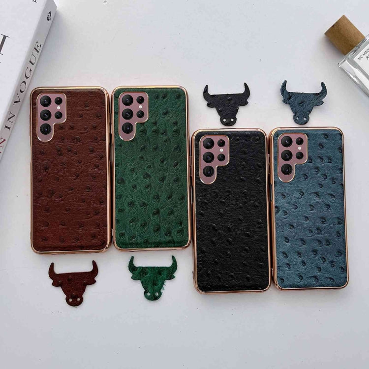 For Samsung Galaxy S22 Ultra 5G Genuine Leather Ostrich Texture Series Nano Electroplating Phone Case(Black) Eurekaonline