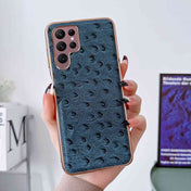 For Samsung Galaxy S22 Ultra 5G Genuine Leather Ostrich Texture Series Nano Electroplating Phone Case(Blue) Eurekaonline