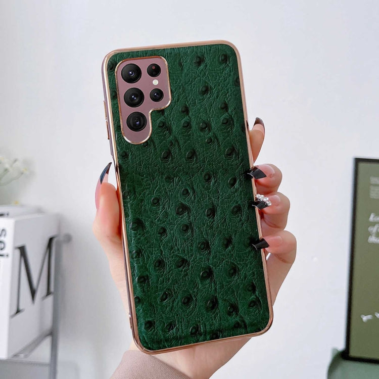 For Samsung Galaxy S22 Ultra 5G Genuine Leather Ostrich Texture Series Nano Electroplating Phone Case(Green) Eurekaonline