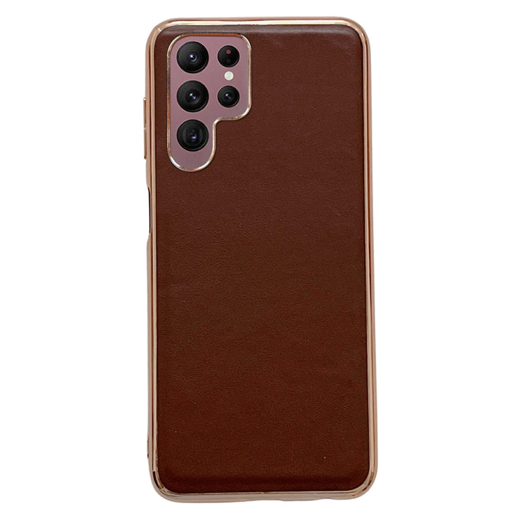 For Samsung Galaxy S22 Ultra 5G Genuine Leather Xiaoya Series Nano Electroplating Phone Case(Coffee) Eurekaonline