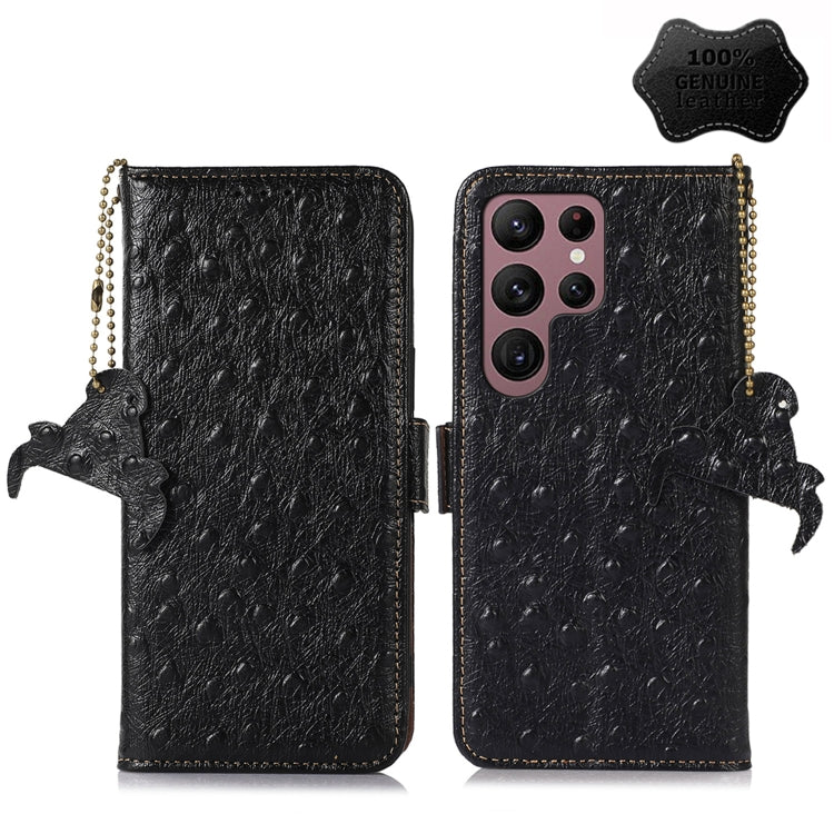 For Samsung Galaxy S22 Ultra 5G Ostrich Pattern Genuine Leather RFID Phone Case(Black) Eurekaonline