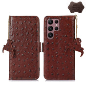 For Samsung Galaxy S22 Ultra 5G Ostrich Pattern Genuine Leather RFID Phone Case(Coffee) Eurekaonline