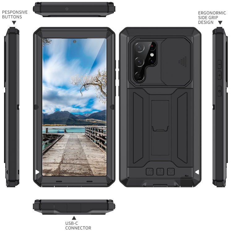For Samsung Galaxy S22 Ultra 5G R-JUST Sliding Camera Metal + Silicone Holder Phone Case(Black) Eurekaonline