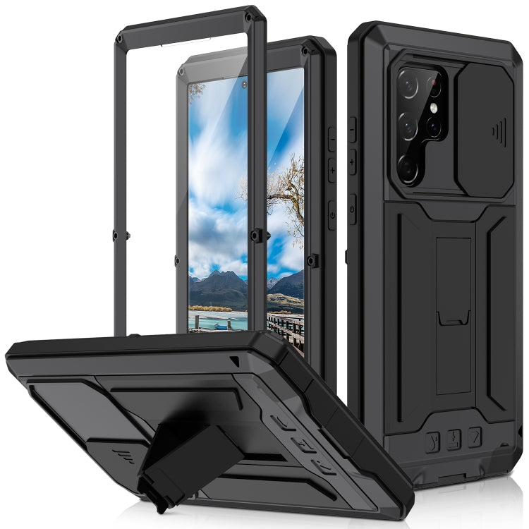 For Samsung Galaxy S22 Ultra 5G R-JUST Sliding Camera Metal + Silicone Holder Phone Case(Black) Eurekaonline