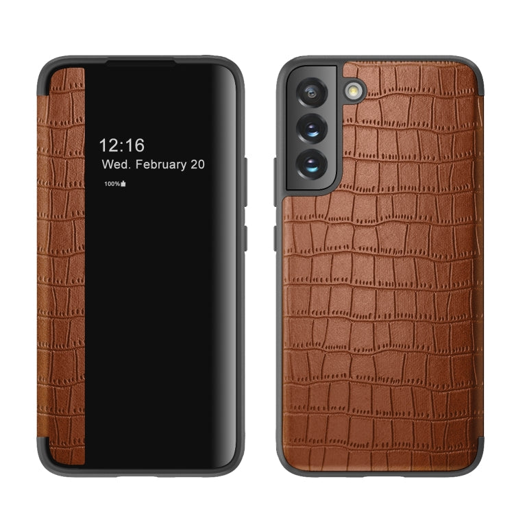 For Samsung Galaxy S23+ 5G Crocodile Texture Window View Leather Phone Case(Brown) Eurekaonline