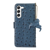 For Samsung Galaxy S23 5G Ostrich Pattern Genuine Leather RFID Phone Case(Blue) Eurekaonline