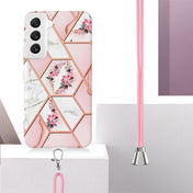For Samsung Galaxy S23 5G Splicing Marble Flower IMD TPU Phone Case with Lanyard(Pink Flower) Eurekaonline
