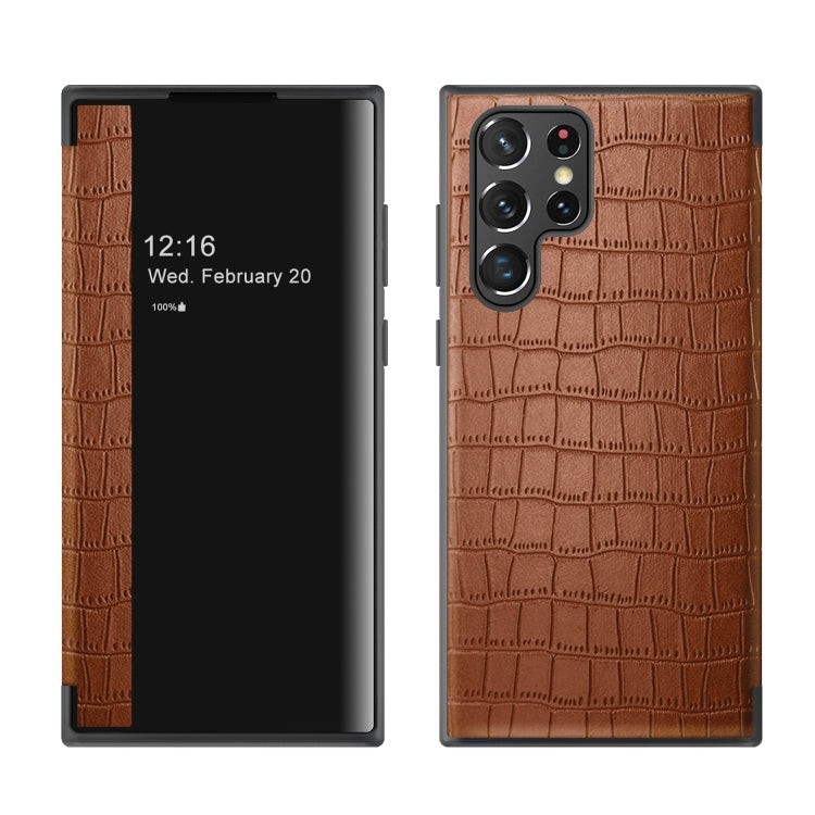 For Samsung Galaxy S23 Ultra 5G Crocodile Texture Window View Leather Phone Case(Brown) Eurekaonline