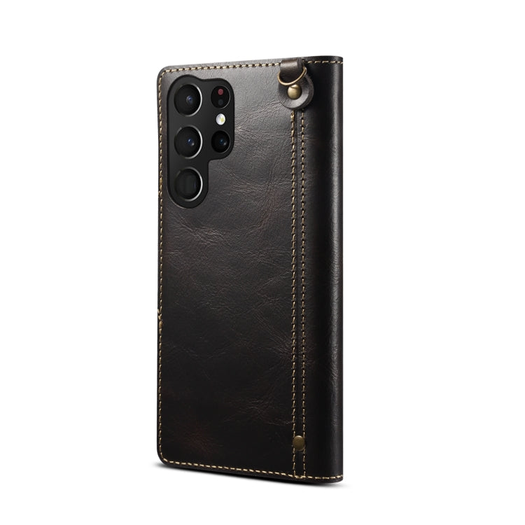 For Samsung Galaxy S23 Ultra 5G Denior Oil Wax Cowhide Magnetic Button Leather Phone Case(Black) Eurekaonline