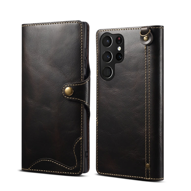 For Samsung Galaxy S23 Ultra 5G Denior Oil Wax Cowhide Magnetic Button Leather Phone Case(Black) Eurekaonline