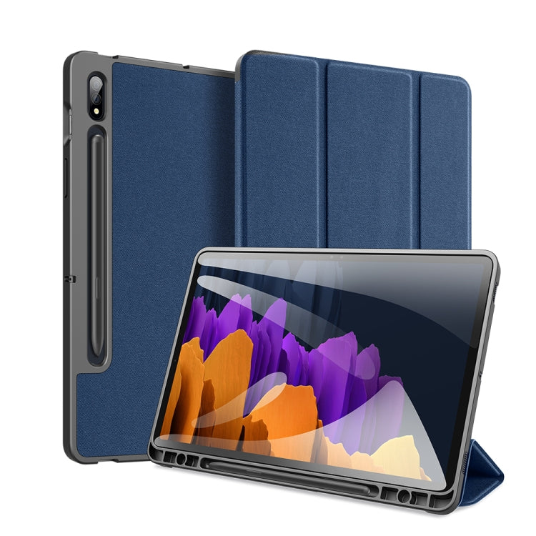 For Samsung Galaxy Tab S7+ 12.4 inch DUX DUCIS Domo Series Horizontal Flip Magnetic PU Leather Case with Three-folding Holder & Sleep / Wake-up Function & Pen Slot(Blue) Eurekaonline