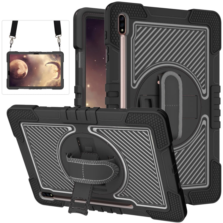 For Samsung Galaxy Tab S7 FE T730 / T735 / Tab S7+ T970 / T975 360 Degree Rotation Contrast Color Shockproof Silicone + PC Case with Holder & Hand Grip Strap & Shoulder Strap(Black) Eurekaonline