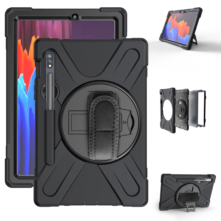 For Samsung Galaxy Tab S8 / Galaxy Tab S7 (2020) T870 Shockproof Colorful Silicone + PC Protective Case with Holder & Shoulder Strap & Hand Strap & Pen Slot(Black) Eurekaonline