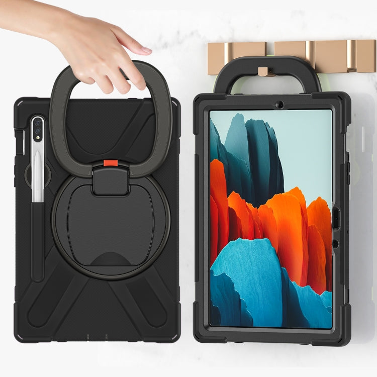 For Samsung Galaxy Tab S8 / Galaxy Tab S7 T870 / T875 Silicone + PC Protective Case with Holder & Shoulder Strap(Black+Black) Eurekaonline