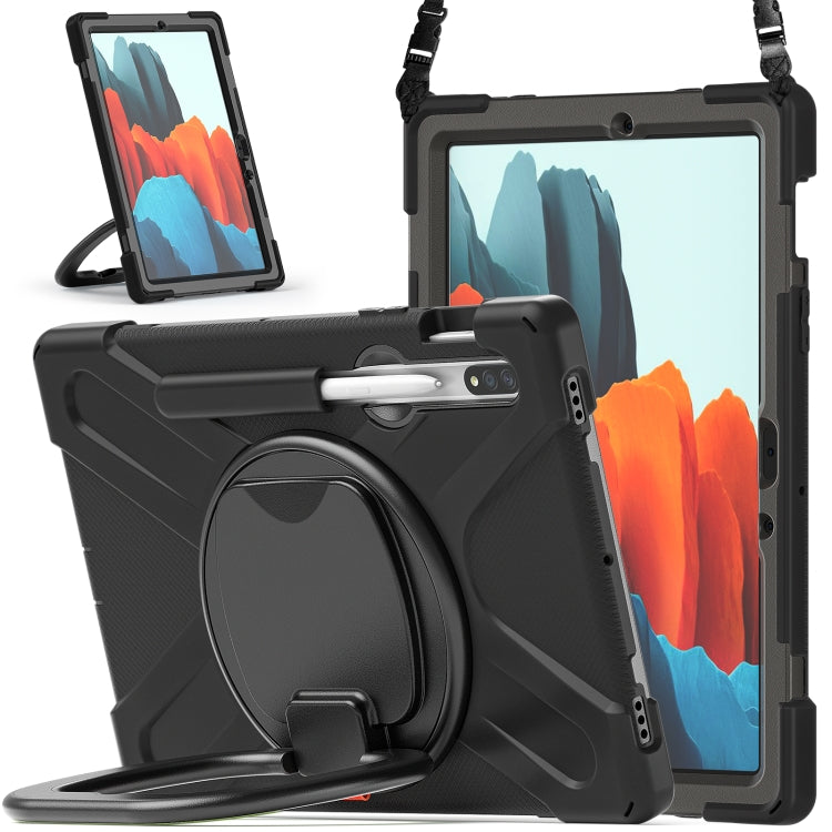 For Samsung Galaxy Tab S8 / Galaxy Tab S7 T870 / T875 Silicone + PC Protective Case with Holder & Shoulder Strap(Black+Black) Eurekaonline