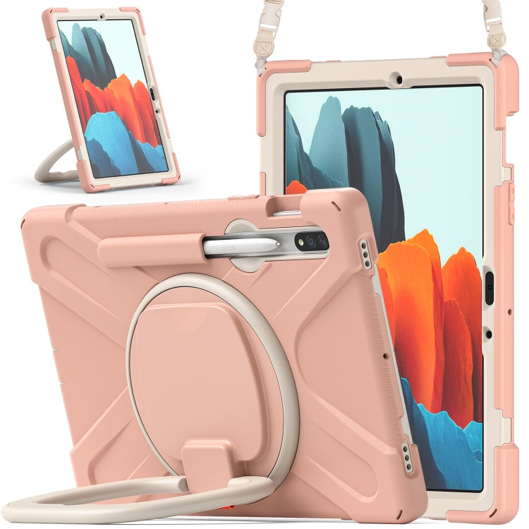 For Samsung Galaxy Tab S8 / Galaxy Tab S7 T870 / T875 Silicone + PC Protective Case with Holder & Shoulder Strap(Rose Gold) Eurekaonline