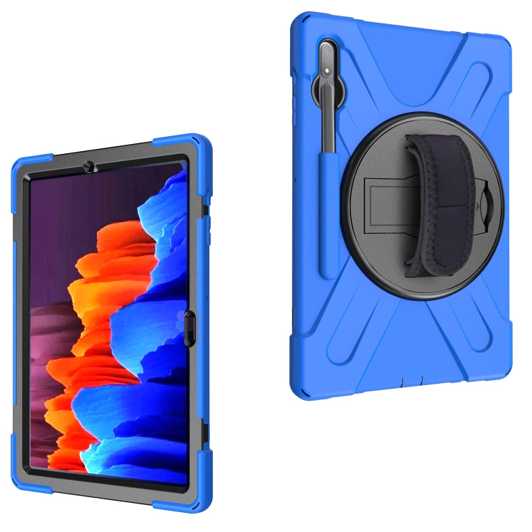  Tab S7+ Shockproof Colorful Silicone + PC Protective Case with Holder & Shoulder Strap & Hand Strap(Blue) Eurekaonline