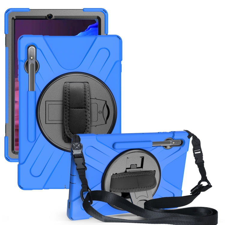  Tab S7+ Shockproof Colorful Silicone + PC Protective Case with Holder & Shoulder Strap & Hand Strap(Blue) Eurekaonline