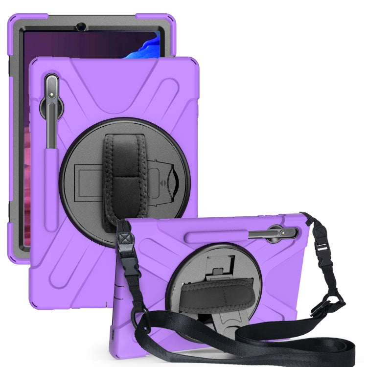  Tab S7+ Shockproof Colorful Silicone + PC Protective Case with Holder & Shoulder Strap & Hand Strap(Purple) Eurekaonline