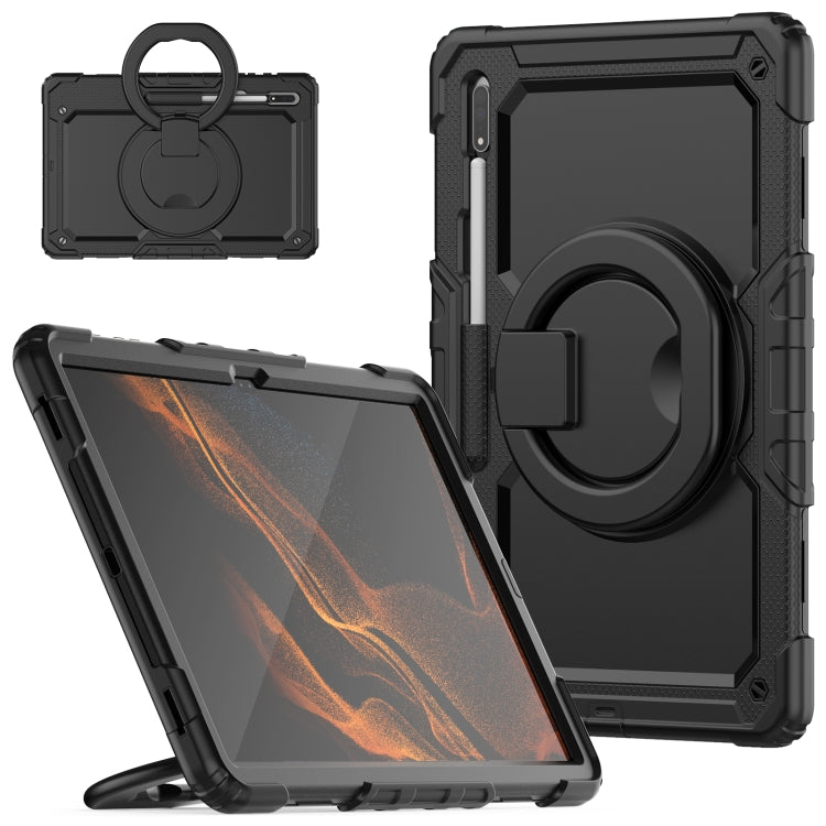 For Samsung Galaxy Tab S8 Ultra Shoulder Strap Silicone + PC Tablet Case(Black) Eurekaonline