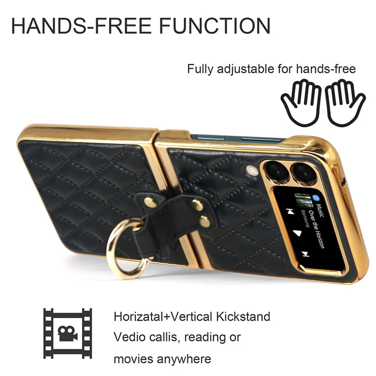 For Samsung Galaxy Z Flip4 Diamond Lattice Plain Leather Ring Phone Case(Black) Eurekaonline