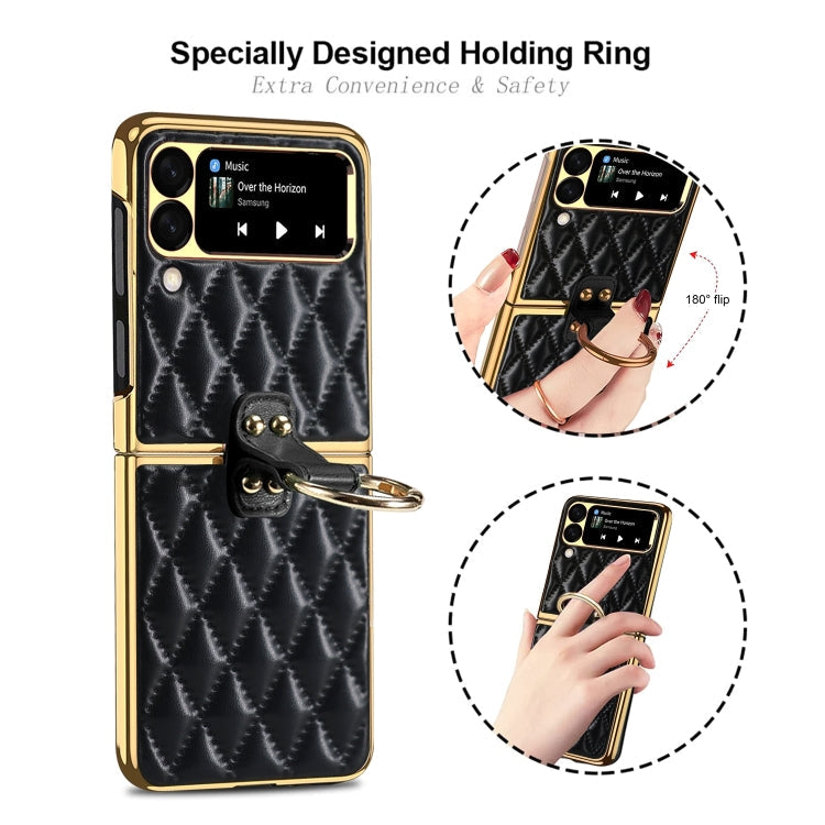 For Samsung Galaxy Z Flip4 Diamond Lattice Plain Leather Ring Phone Case(Black) Eurekaonline