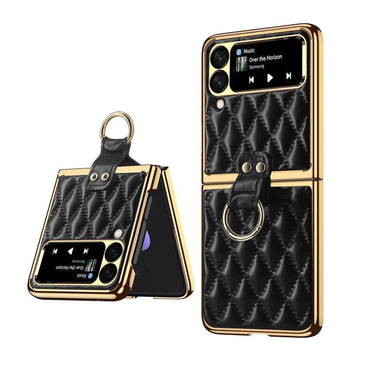 For Samsung Galaxy Z Flip4 Diamond Lattice Plain Leather Ring Phone Case(Black) Eurekaonline