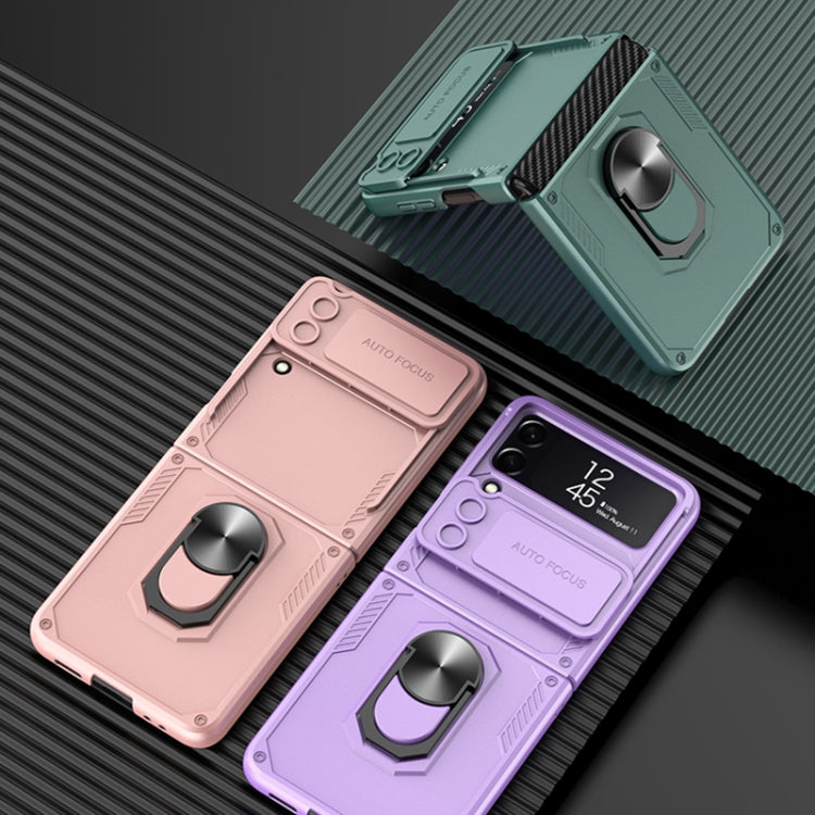 For Samsung Galaxy Z Flip4 GKK Carbon Brazing Pattern Shockproof Armor PC Phone Case with Ring Holder(Green) Eurekaonline