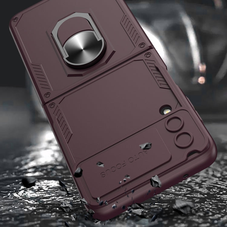 For Samsung Galaxy Z Flip4 GKK Carbon Brazing Pattern Shockproof Armor PC Phone Case with Ring Holder(Purple) Eurekaonline