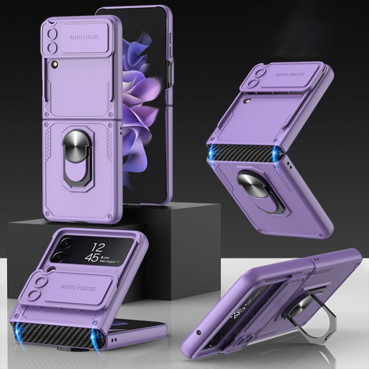 For Samsung Galaxy Z Flip4 GKK Carbon Brazing Pattern Shockproof Armor PC Phone Case with Ring Holder(Purple) Eurekaonline