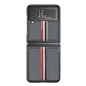 For Samsung Galaxy Z Flip4 Litchi Texture Genuine Leather Color Strip Phone Case(Grey) Eurekaonline