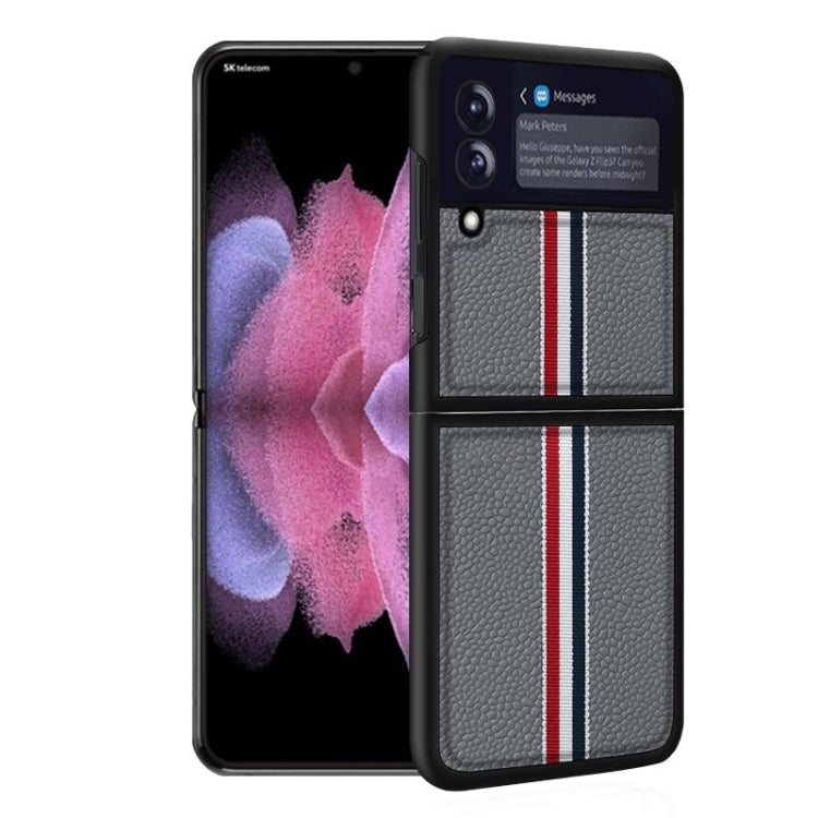 For Samsung Galaxy Z Flip4 Litchi Texture Genuine Leather Color Strip Phone Case(Grey) Eurekaonline