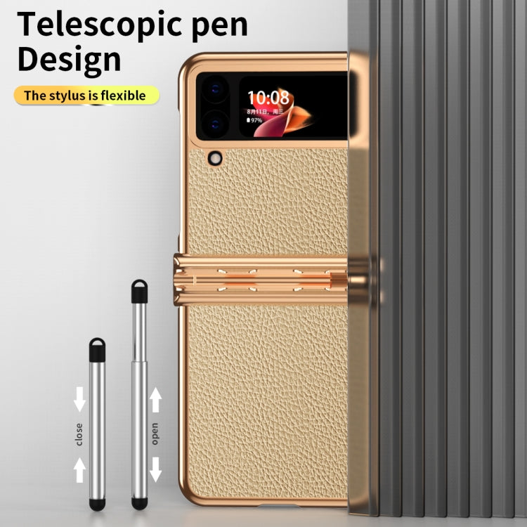 For Samsung Galaxy Z Flip4 Litchi Texture Leather Hinged Electroplated Phone Case with Pen(Gold) Eurekaonline