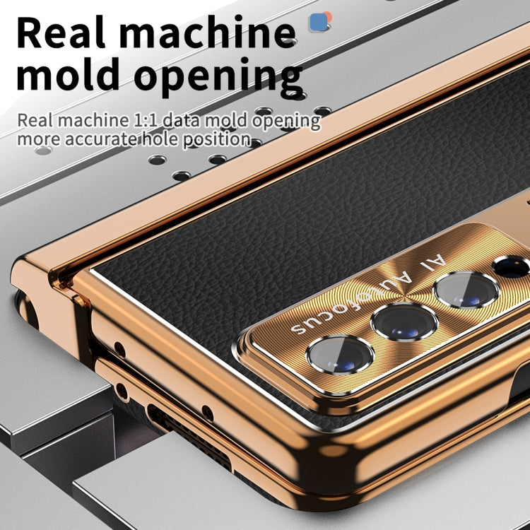 For Samsung Galaxy Z Fold3 5G Litchi Pattern Magnetic Shell Film Integrated Shockproof Phone Case(Black Gold) Eurekaonline