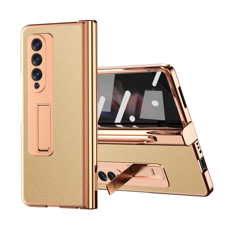 For Samsung Galaxy Z Fold3 5G Litchi Texture Leather Hinged Electroplated Phone Case with S Pen Fold Edition & Protective Film(Gold) Eurekaonline