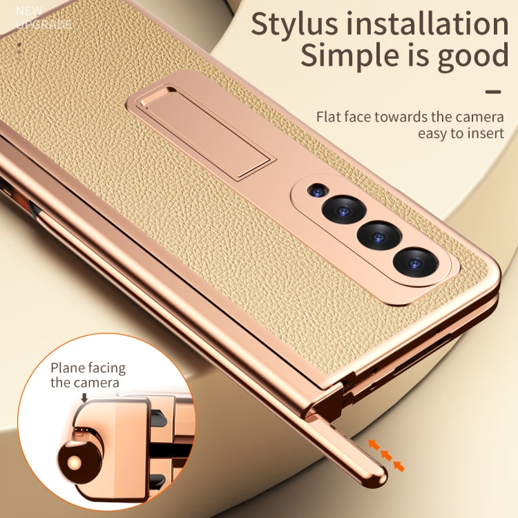 For Samsung Galaxy Z Fold3 5G Litchi Texture Leather Hinged Electroplated Phone Case with S Pen Fold Edition & Protective Film(Gold) Eurekaonline