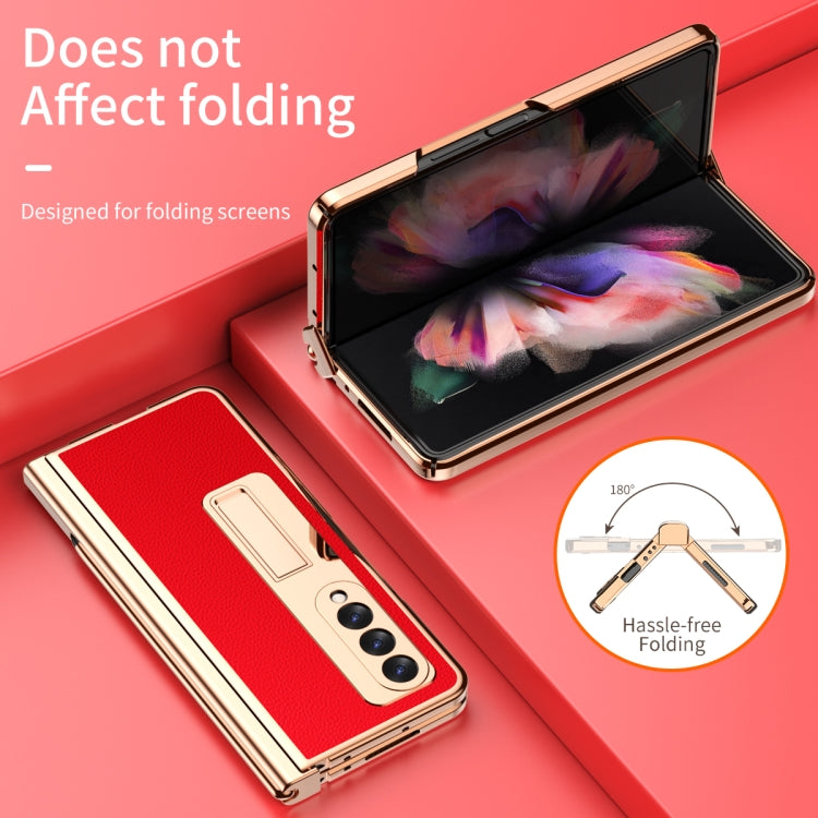 For Samsung Galaxy Z Fold3 5G Litchi Texture Leather Hinged Electroplated Phone Case with S Pen Fold Edition & Protective Film(Red) Eurekaonline