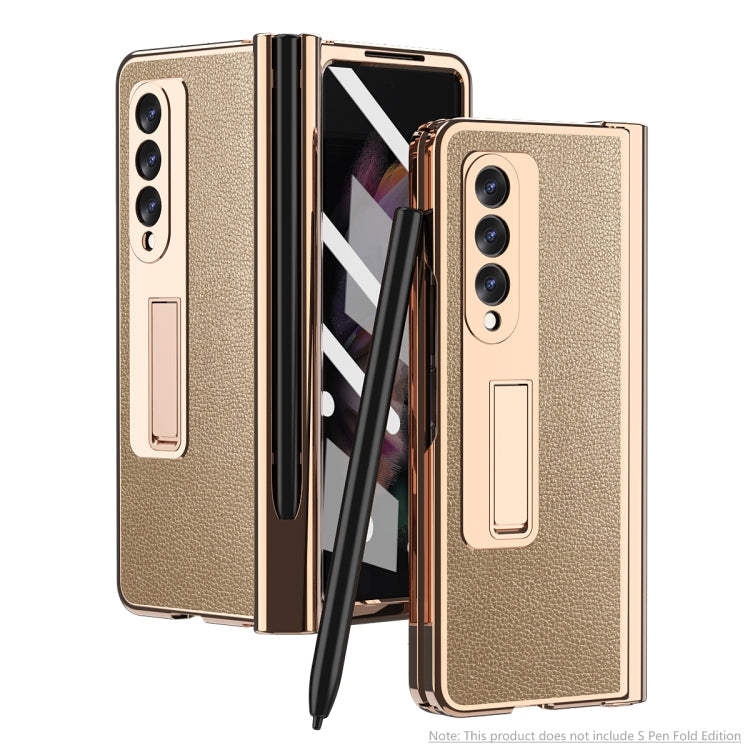 For Samsung Galaxy Z Fold3 Litchi Texture Integrated Electroplating Hinge Flip Phone Case with Pen Slot(Gold) Eurekaonline