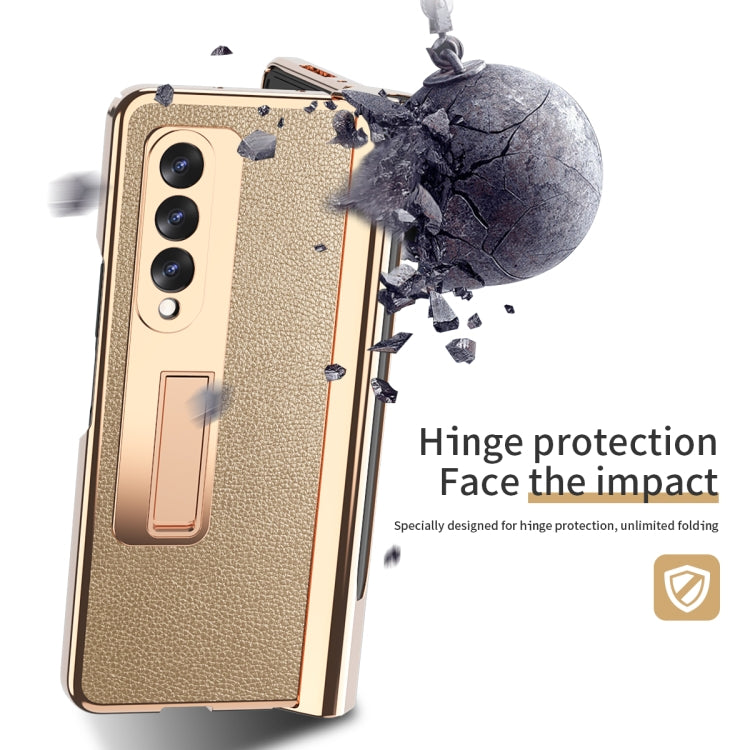 For Samsung Galaxy Z Fold3 Litchi Texture Integrated Electroplating Hinge Flip Phone Case with Pen Slot(Gold) Eurekaonline