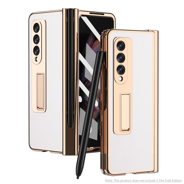 For Samsung Galaxy Z Fold3 Litchi Texture Integrated Electroplating Hinge Flip Phone Case with Pen Slot(White) Eurekaonline