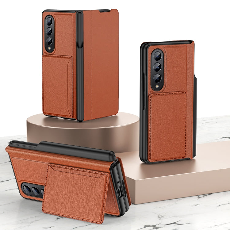 For Samsung Galaxy Z Fold4 Card Holder Phone Leather Case with Pen Slot(Brown) Eurekaonline