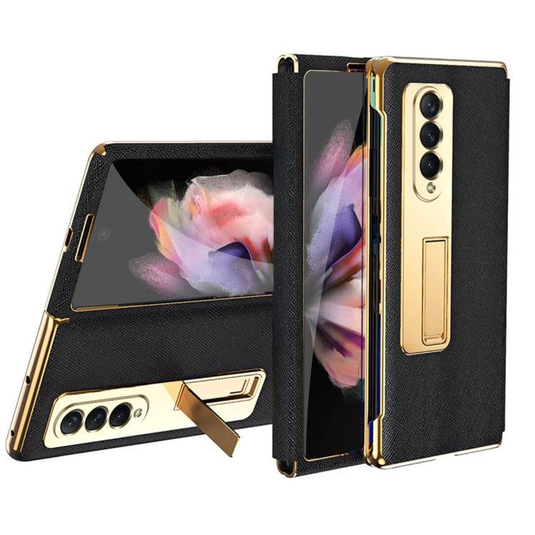 For Samsung Galaxy Z Fold4 Cross Texture Integrated Electroplating Hinge Flip Phone Case with Tempered Film(Black) Eurekaonline