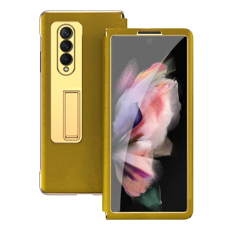 For Samsung Galaxy Z Fold4 Cross Texture Integrated Electroplating Hinge Flip Phone Case with Tempered Film(Gold) Eurekaonline