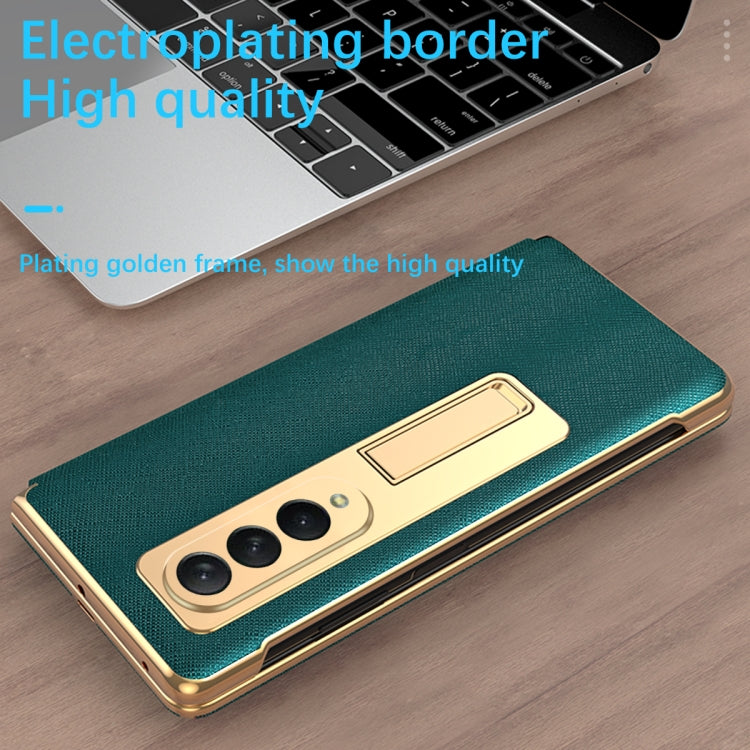 For Samsung Galaxy Z Fold4 Cross Texture Integrated Electroplating Hinge Flip Phone Case with Tempered Film(Gold) Eurekaonline