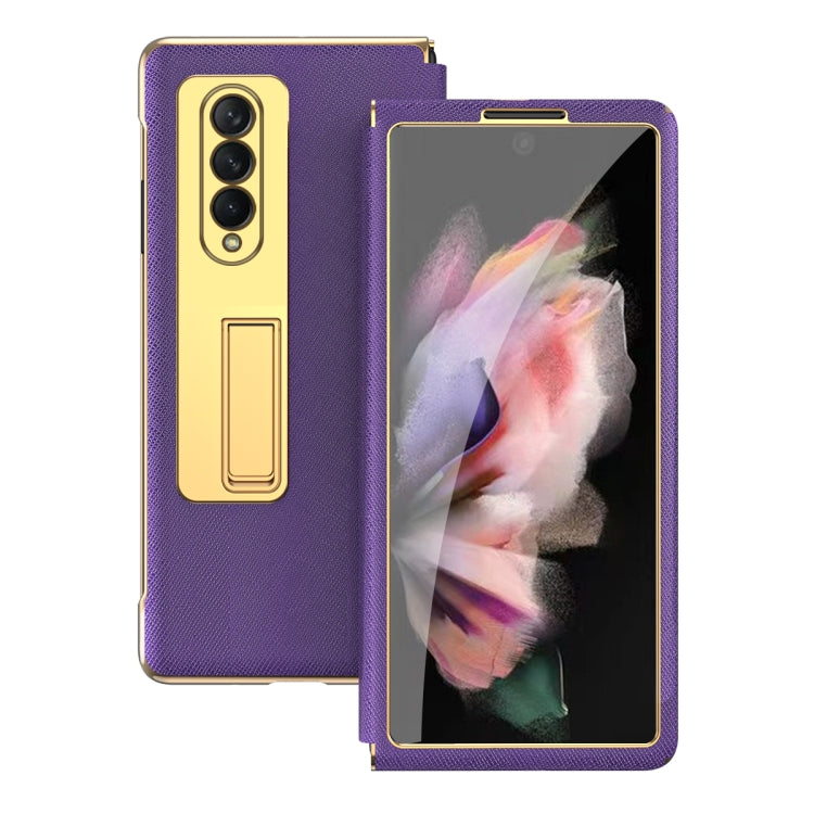 For Samsung Galaxy Z Fold4 Cross Texture Integrated Electroplating Hinge Flip Phone Case with Tempered Film(Purple) Eurekaonline