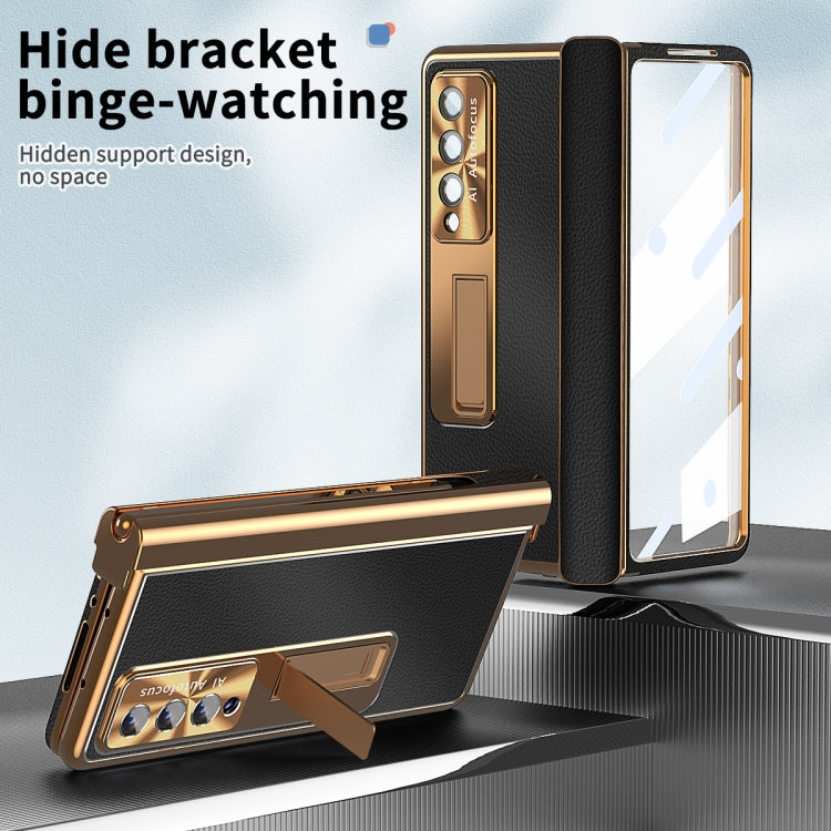 For Samsung Galaxy Z Fold4 Litchi Pattern Magnetic Shell Film Integrated Shockproof Phone Case(Black Gold) Eurekaonline