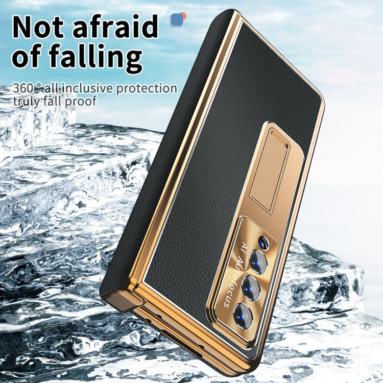 For Samsung Galaxy Z Fold4 Litchi Pattern Magnetic Shell Film Integrated Shockproof Phone Case(Black Gold) Eurekaonline