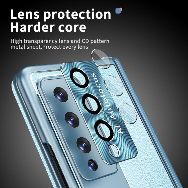 For Samsung Galaxy Z Fold4 Litchi Pattern Magnetic Shell Film Integrated Shockproof Phone Case(Far Peak Blue) Eurekaonline
